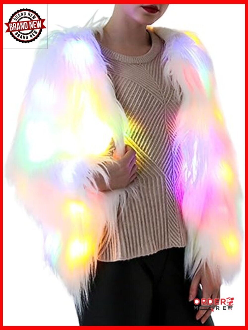 LED Light Up Faux Fur Jacket Flashing Lights Rave Coat Party Wear